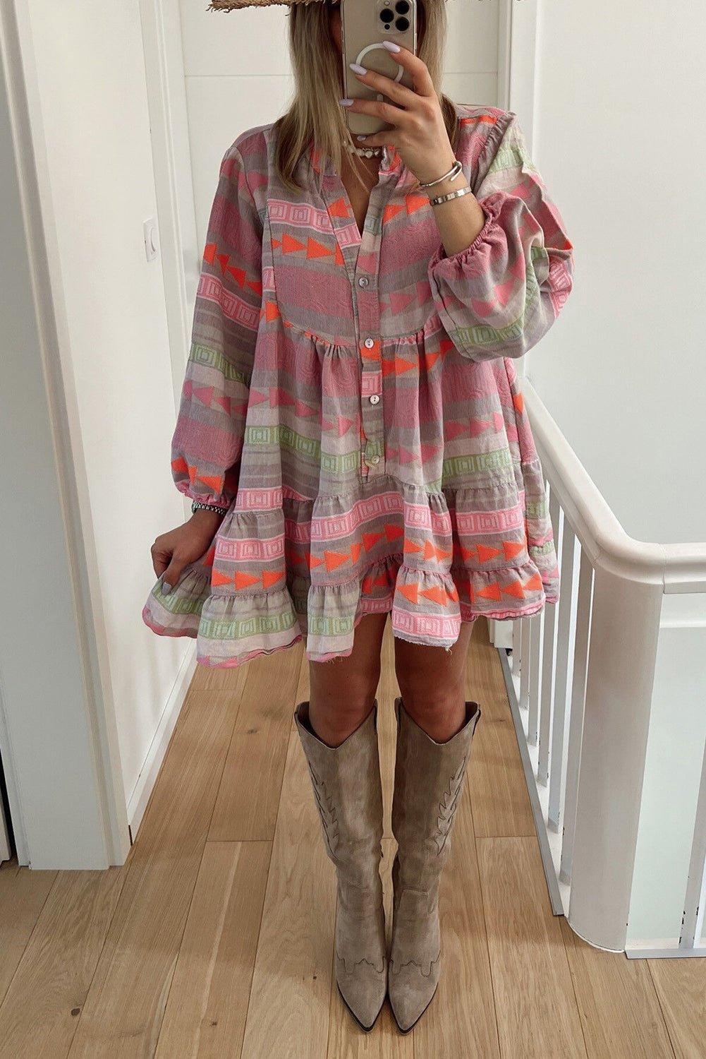 Boho Multicolor Puff Sleeve Dress - Klazzi Fashion Boutique