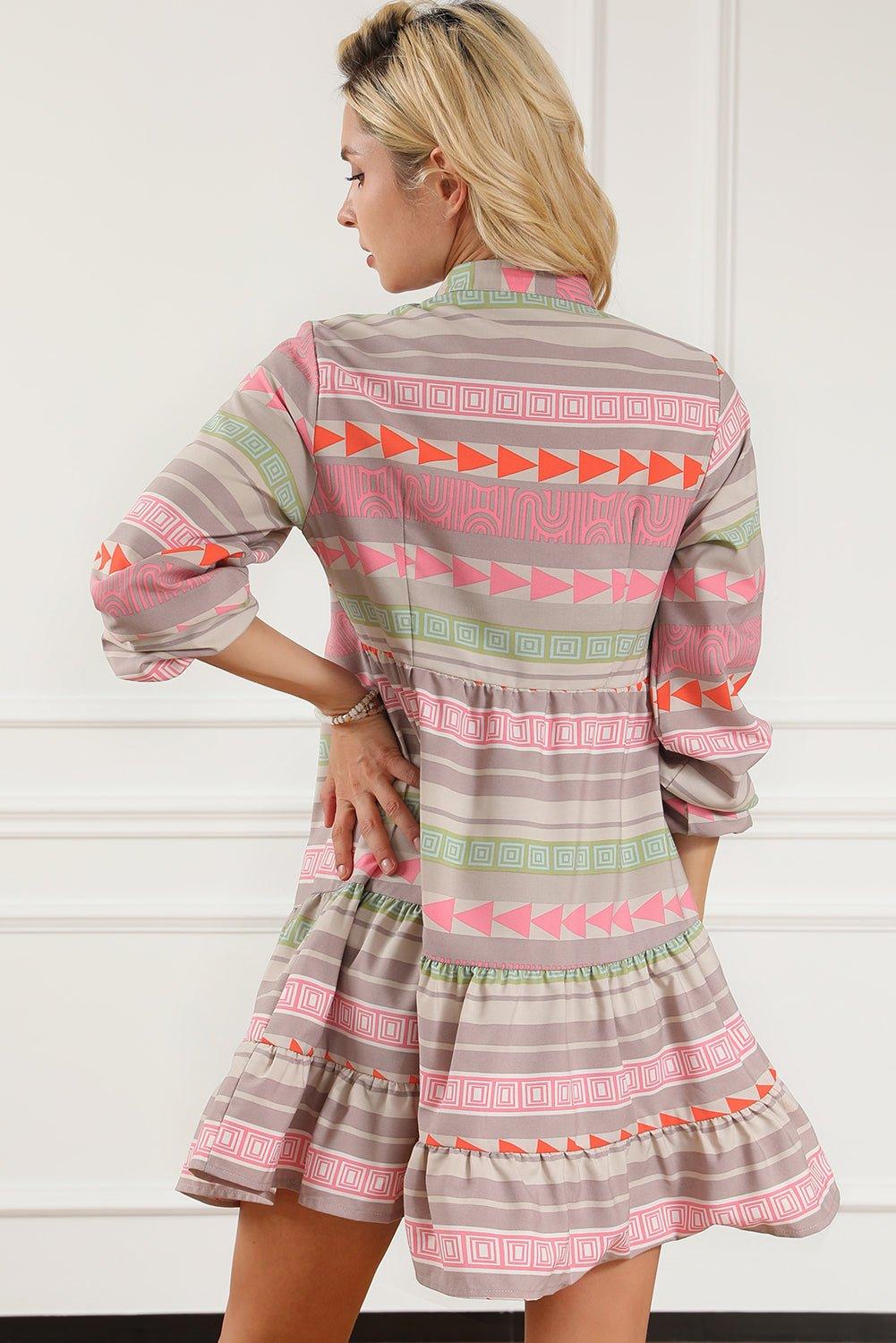 Boho Multicolor Puff Sleeve Dress - Klazzi Fashion Boutique