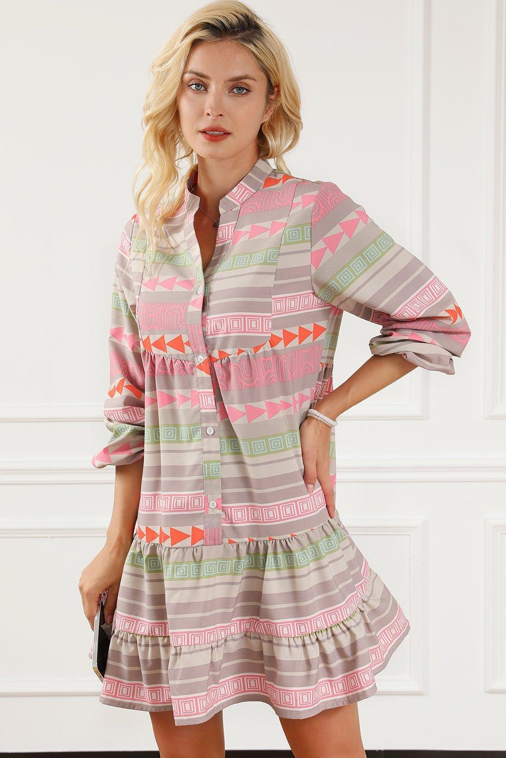 Boho Multicolor Puff Sleeve Dress - Klazzi Fashion Boutique