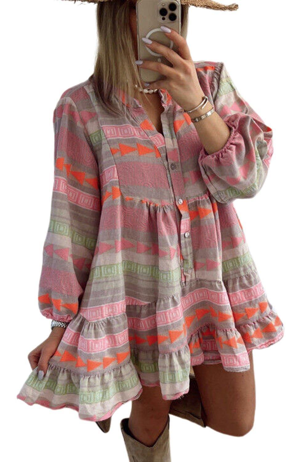 Boho Multicolor Puff Sleeve Dress