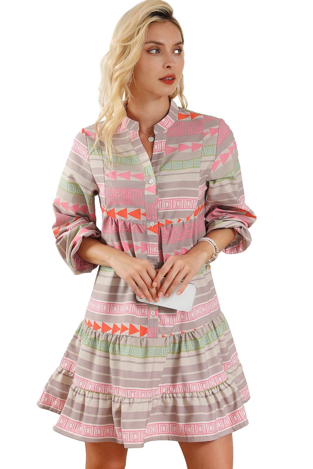 Boho Multicolor Puff Sleeve Dress - Klazzi Fashion Boutique