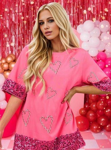 Bougie Heart Candy Cane Sequin T-Shirt - Klazzi Fashion Boutique