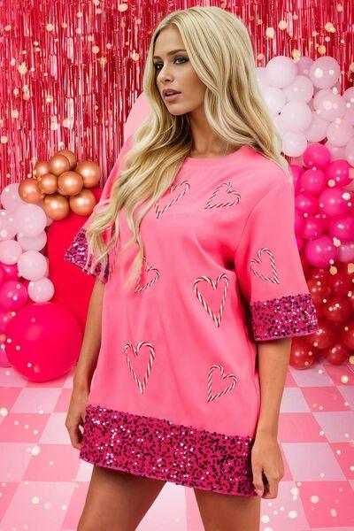 Bougie Heart Candy Cane Sequin T-Shirt - Klazzi Fashion Boutique