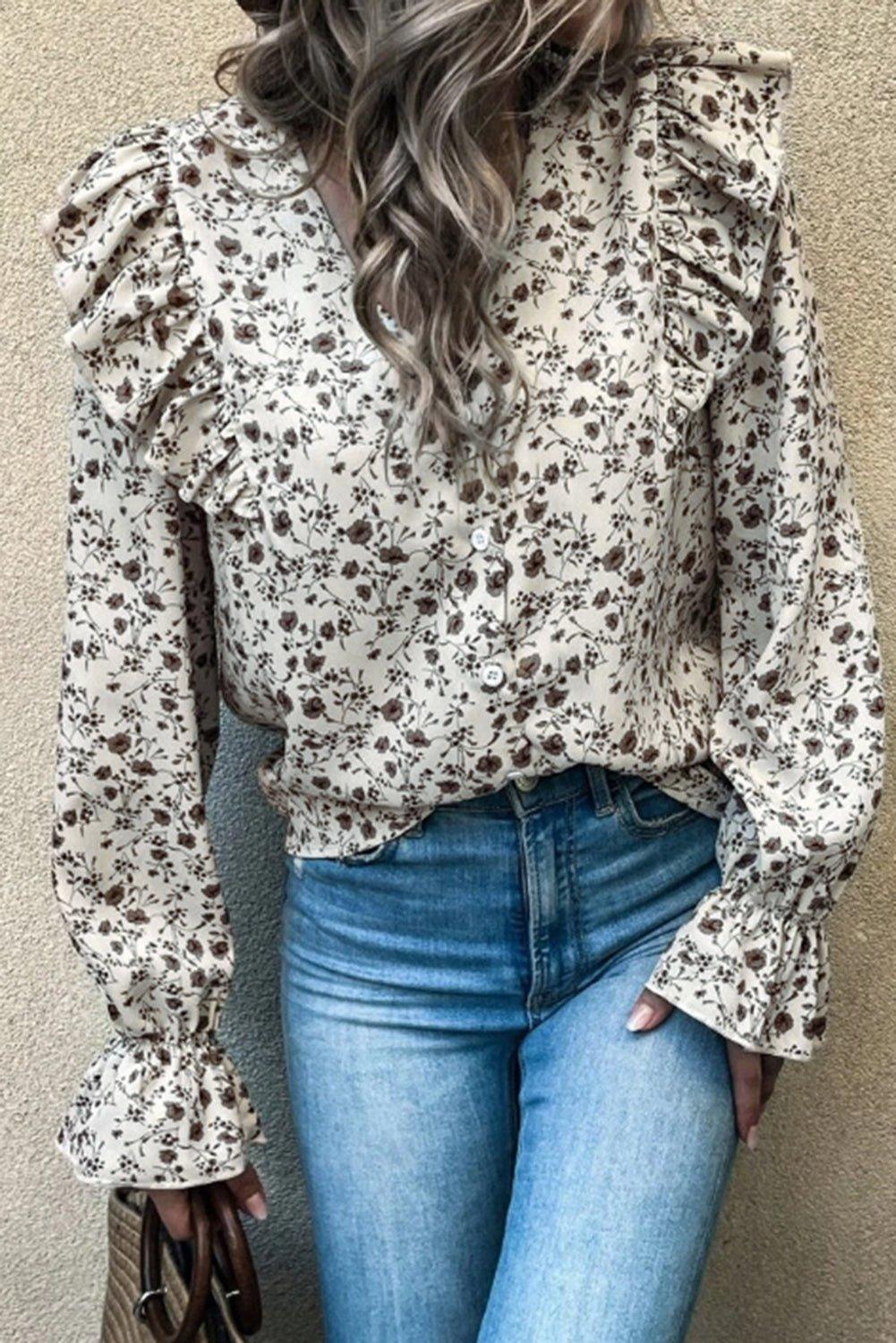 Brown Floral Ruffled Blouse