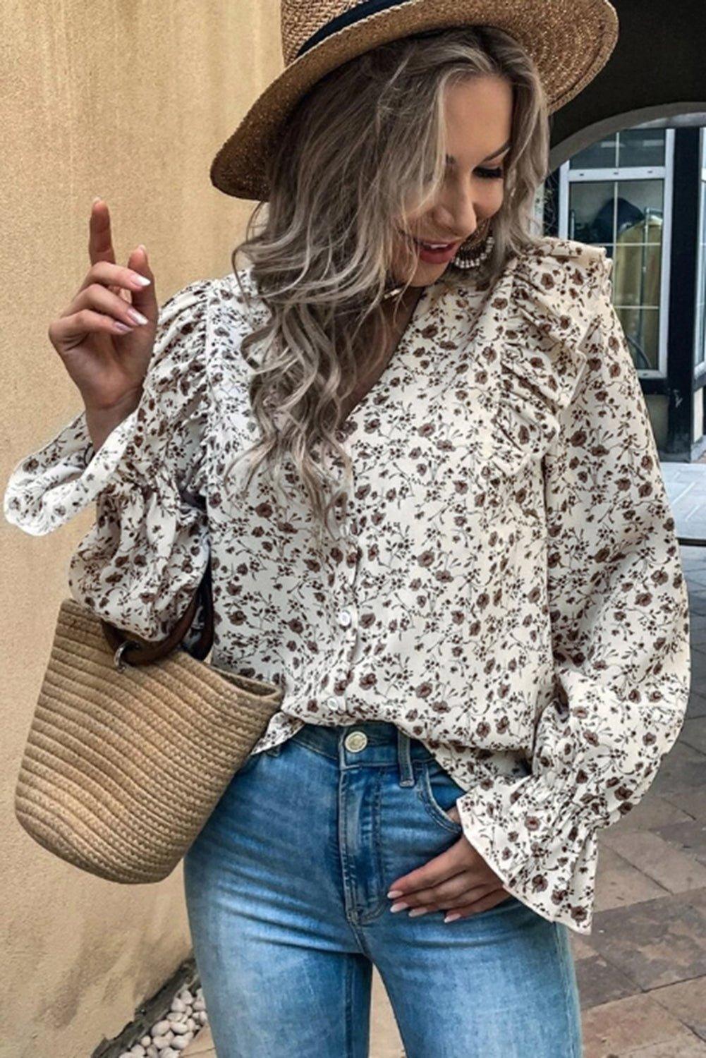 Brown Floral Ruffled Blouse - Klazzi Fashion Boutique