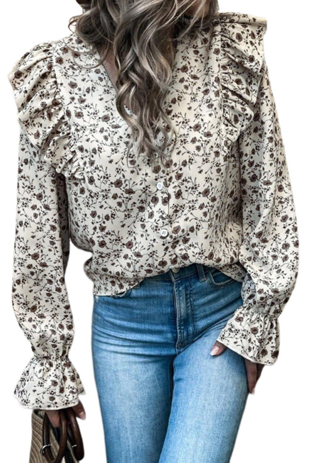 Brown Floral Ruffled Blouse - Klazzi Fashion Boutique