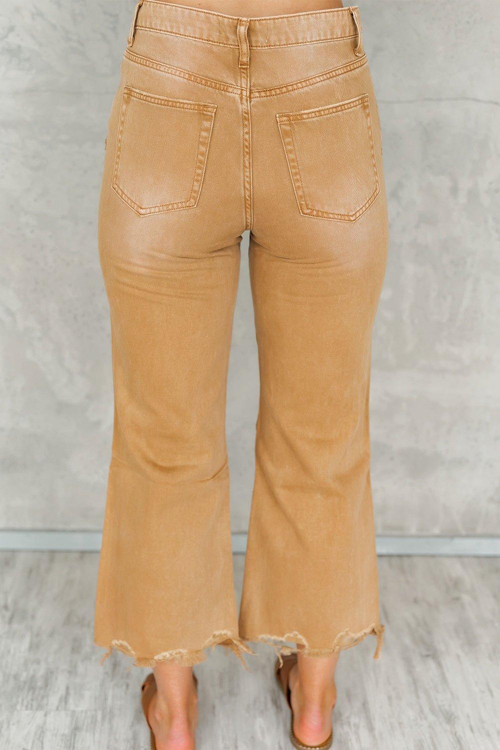 Caramel Distressed High Waist Cropped Flare Denim - Klazzi Fashion Boutique