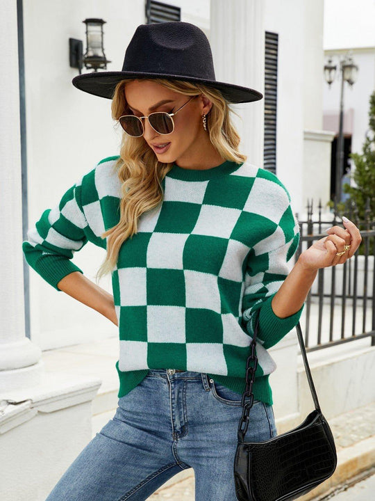 Checkered Green Sweater - Klazzi Fashion Boutique