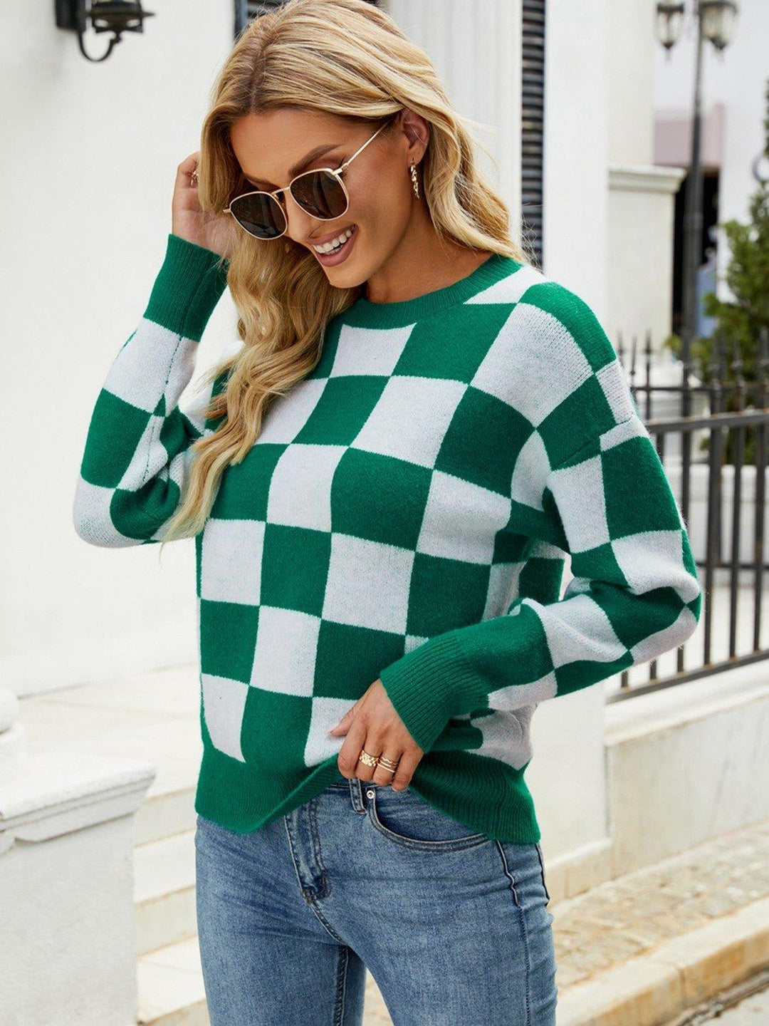 Checkered Green Sweater - Klazzi Fashion Boutique