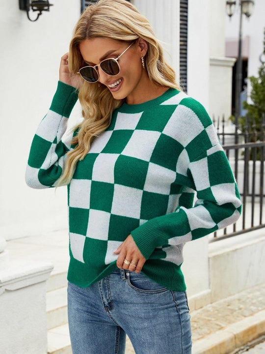 Checkered Green Sweater - Klazzi Fashion Boutique