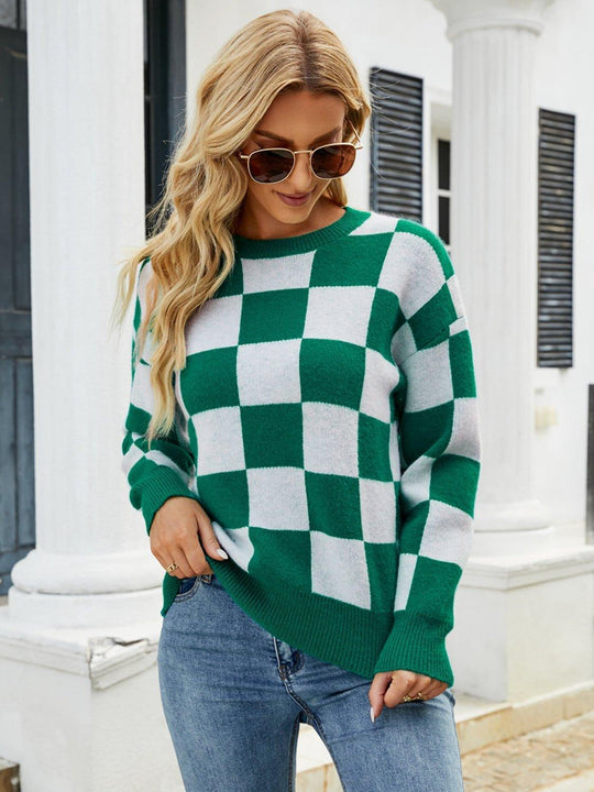 Checkered Green Sweater - Klazzi Fashion Boutique