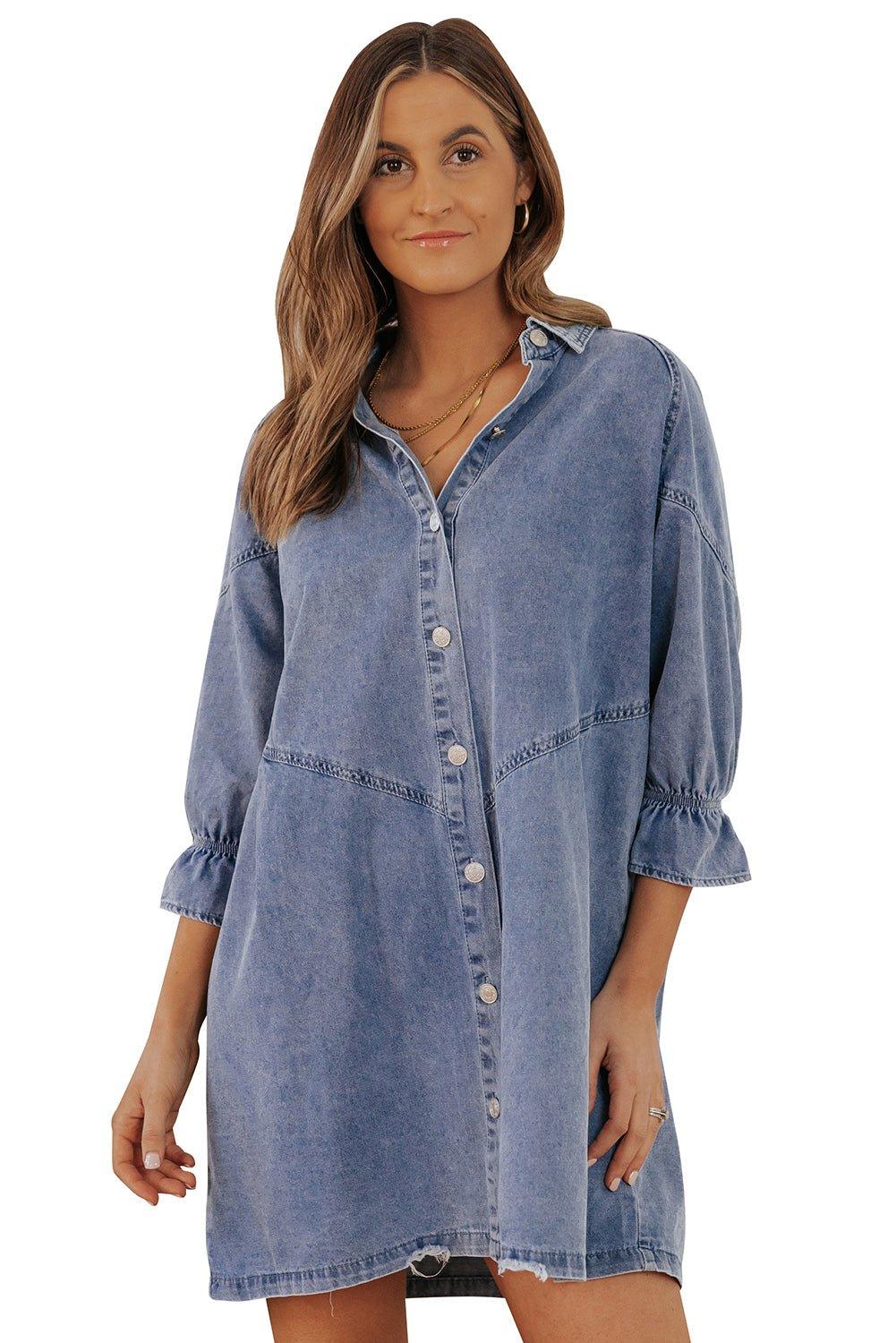 Cheyanne Long Sleeve Denim Mini Dress - Klazzi Fashion Boutique