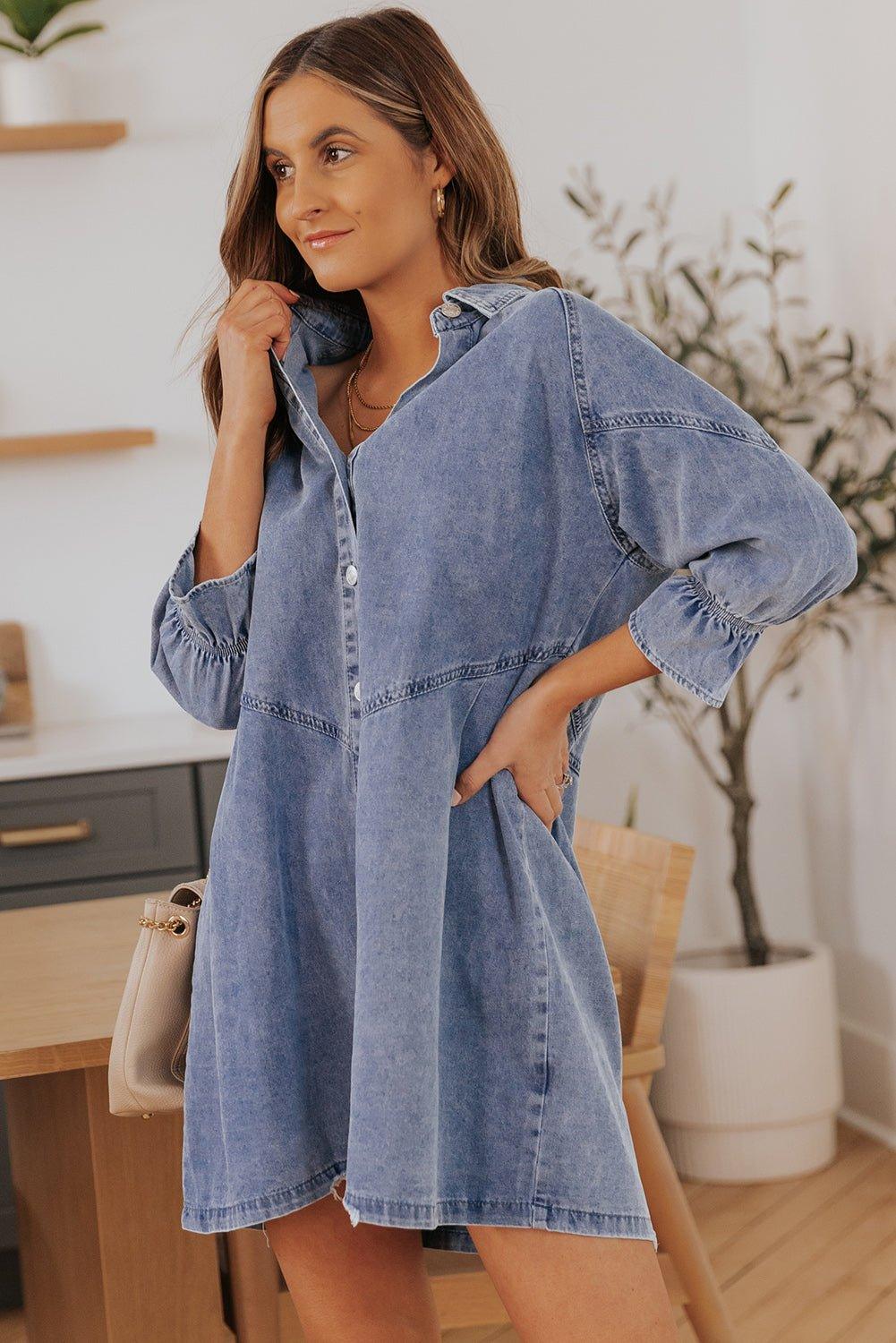 Cheyanne Long Sleeve Denim Mini Dress - Klazzi Fashion Boutique