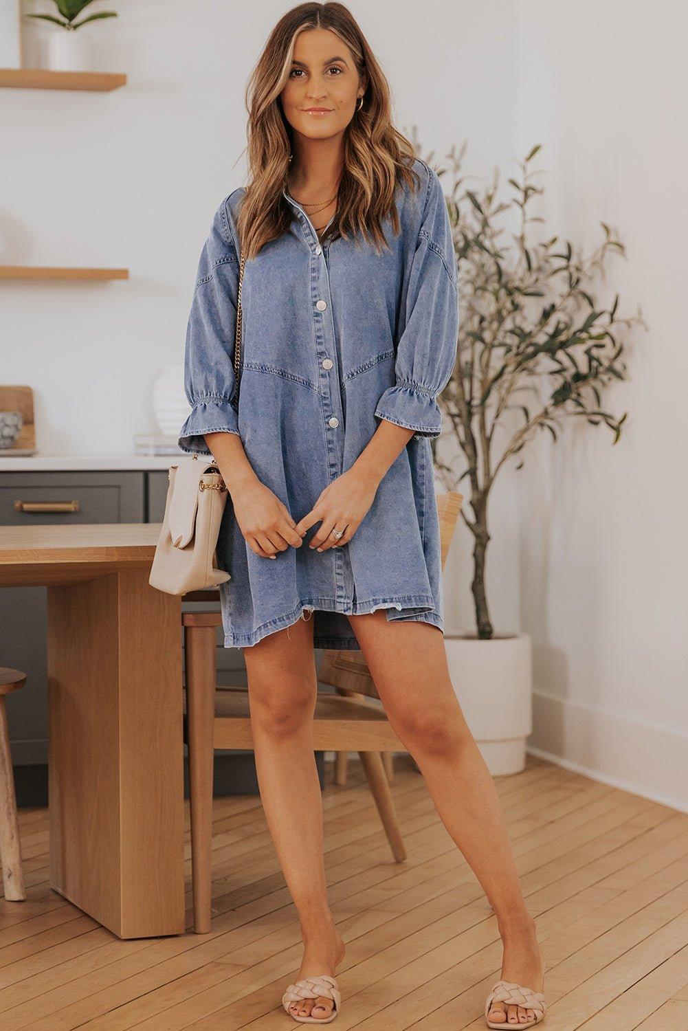 Cheyanne Long Sleeve Denim Mini Dress - Klazzi Fashion Boutique