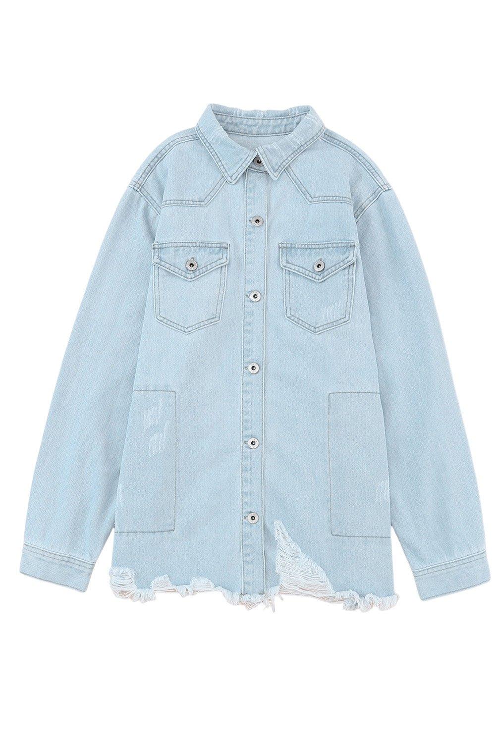 Chloe Light Denim Distressed Denim Jacket - Klazzi Fashion Boutique