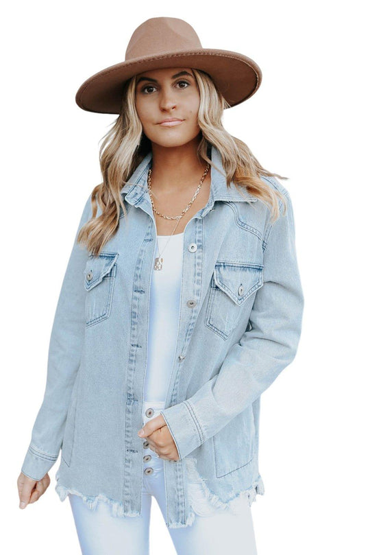 Chloe Light Denim Distressed Denim Jacket - Klazzi Fashion Boutique