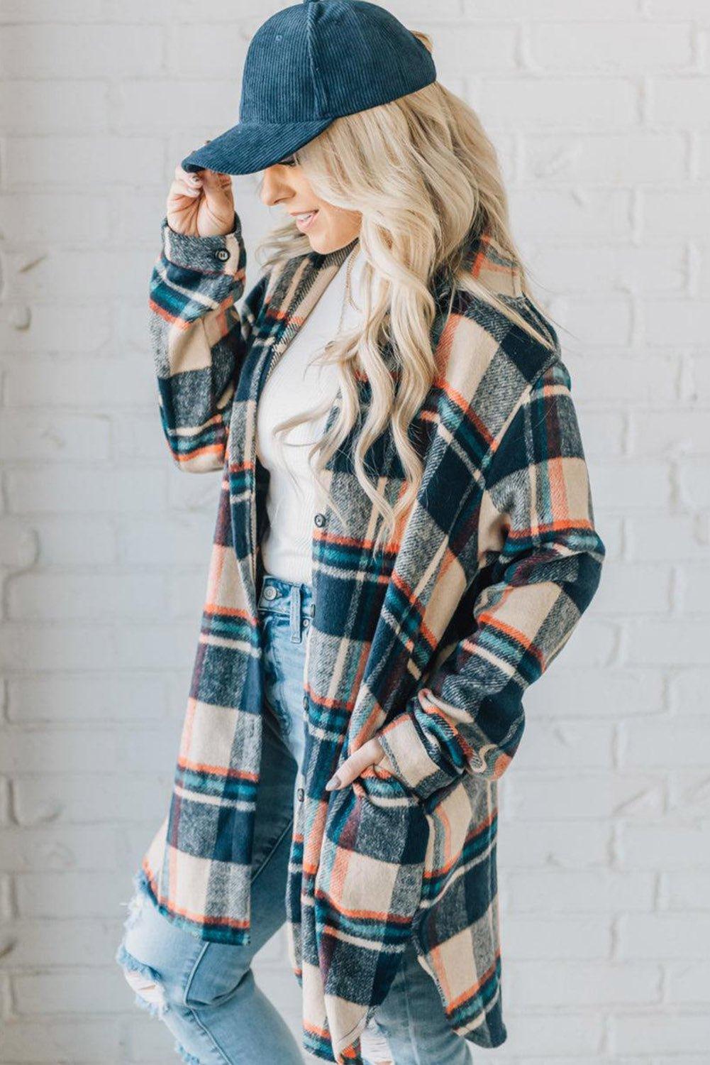 Classic Navy and Beige Plaid Mid Length Shacket - Klazzi Fashion Boutique