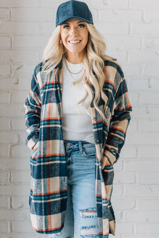 Classic Navy and Beige Plaid Mid Length Shacke