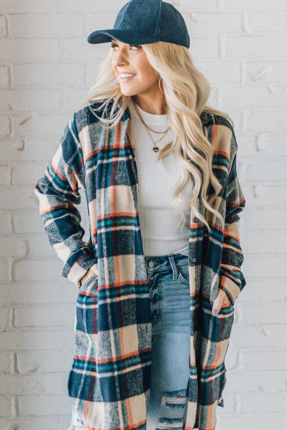 Classic Navy and Beige Plaid Mid Length Shacket - Klazzi Fashion Boutique