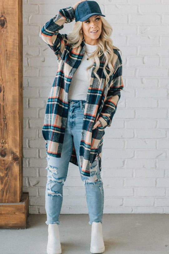 Classic Navy and Beige Plaid Mid Length Shacket - Klazzi Fashion Boutique