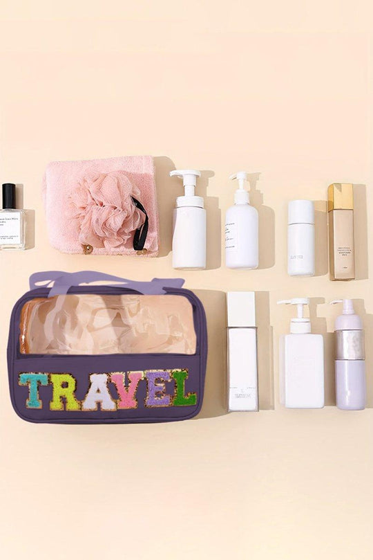 Clear TRAVEL Chenille Letters Makeup Bag - Klazzi Fashion Boutique