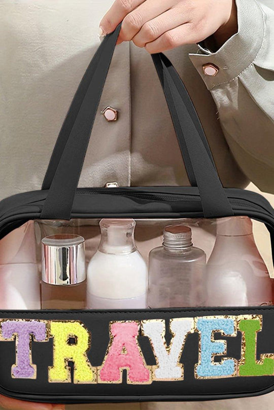 Clear TRAVEL Chenille Letters Makeup Bag - Klazzi Fashion Boutique