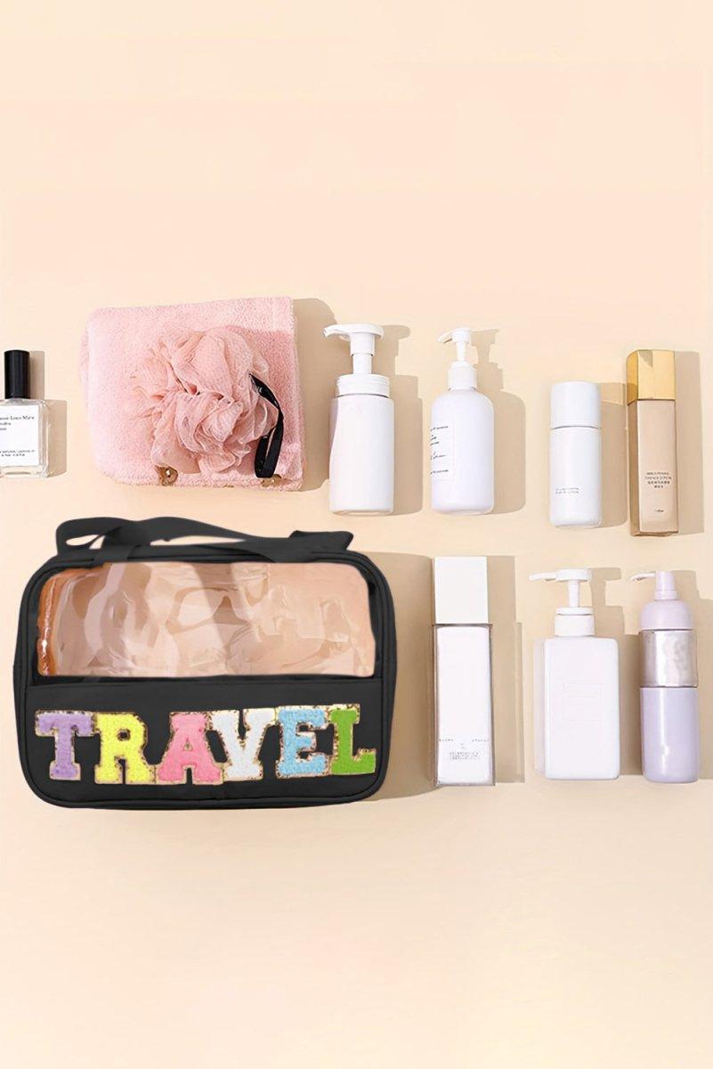 Clear TRAVEL Chenille Letters Makeup Bag - Klazzi Fashion Boutique