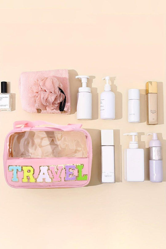 Clear TRAVEL Chenille Letters Makeup Bag - Klazzi Fashion Boutique