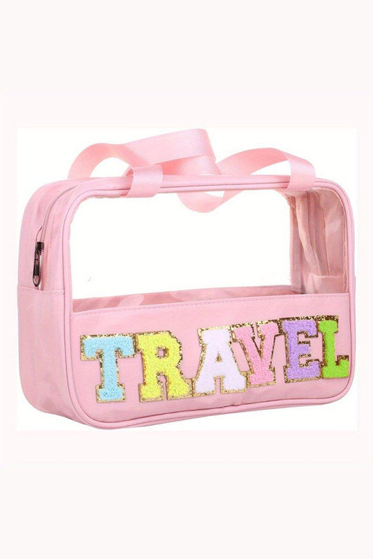 Clear TRAVEL Chenille Letters Makeup Bag - Klazzi Fashion Boutique