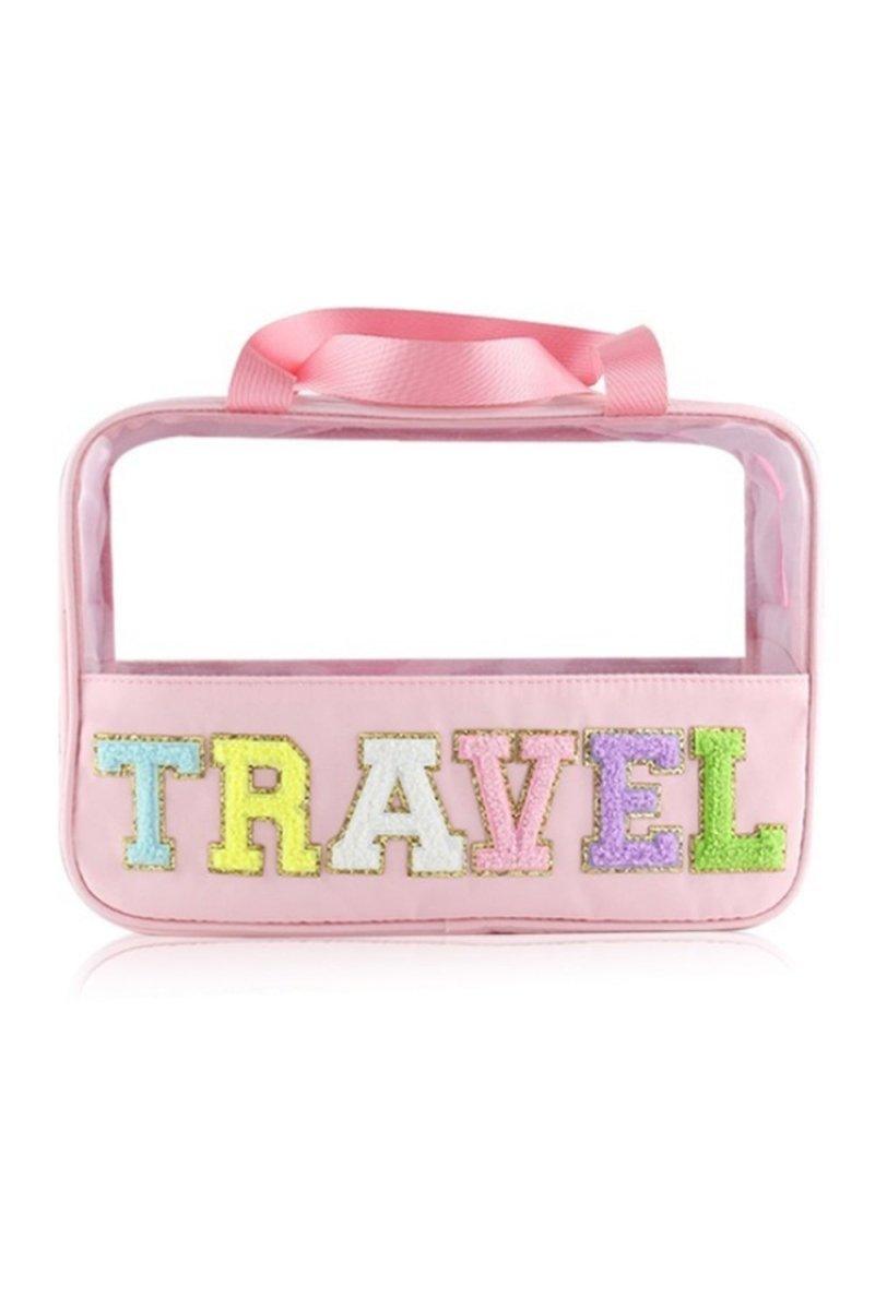 Clear TRAVEL Chenille Letters Makeup Bag - Klazzi Fashion Boutique