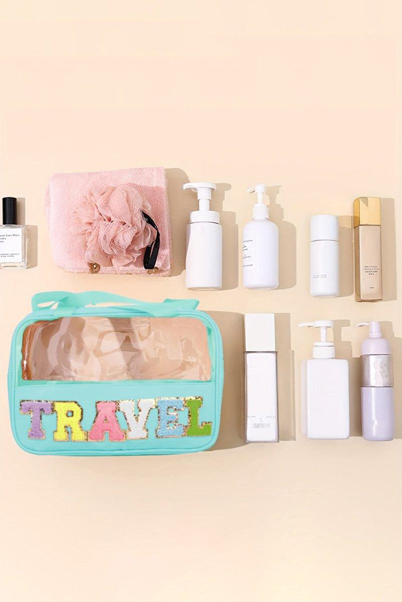 Clear TRAVEL Chenille Letters Makeup Bag - Klazzi Fashion Boutique