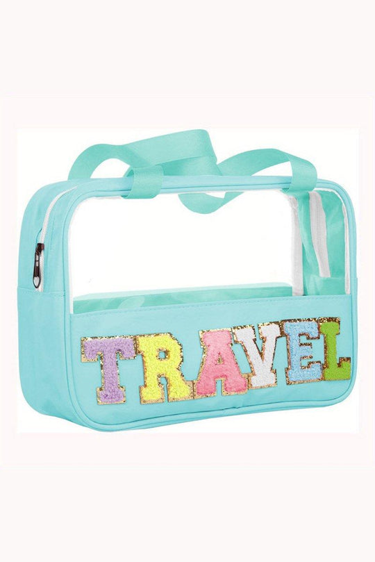 Clear TRAVEL Chenille Letters Makeup Bag - Klazzi Fashion Boutique