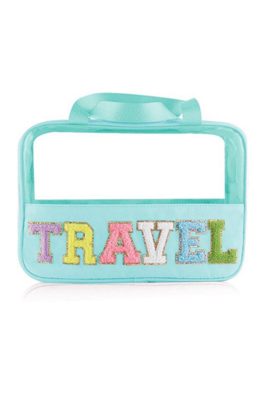 Clear TRAVEL Chenille Letters Makeup Bag - Klazzi Fashion Boutique