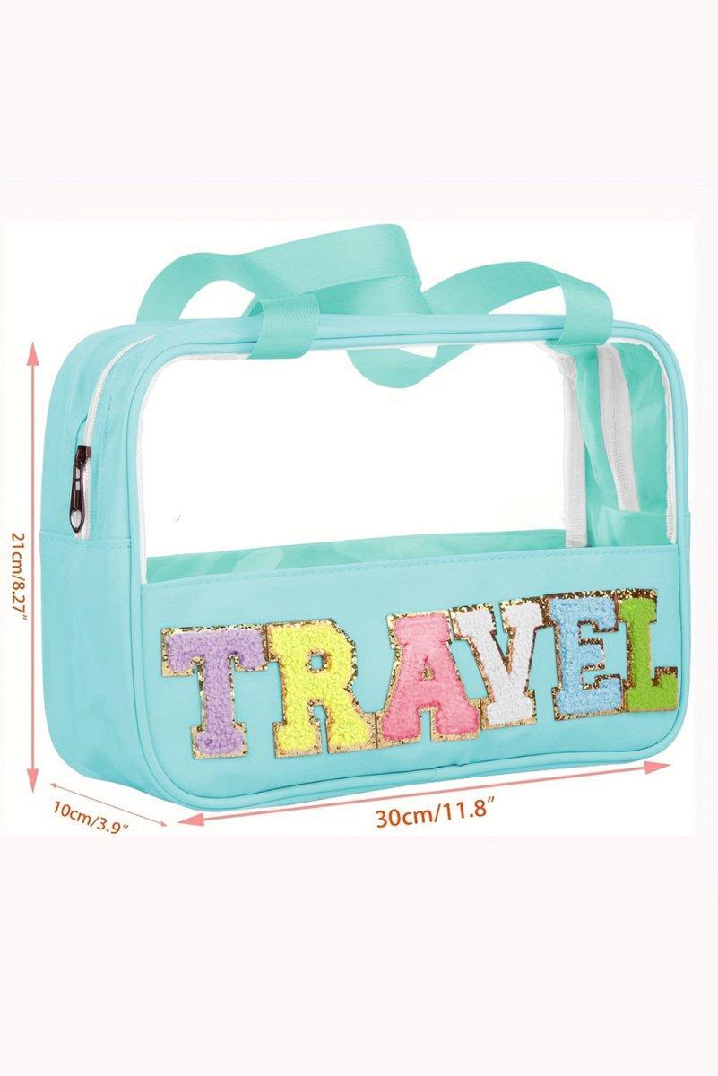 Clear TRAVEL Chenille Letters Makeup Bag - Klazzi Fashion Boutique