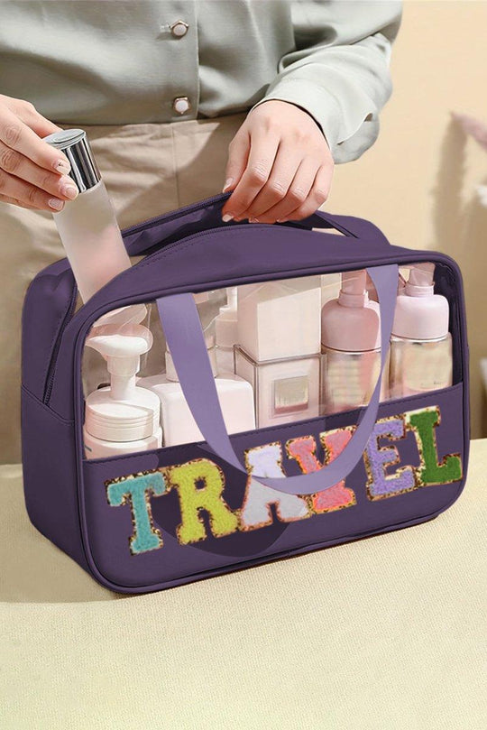 Clear TRAVEL Chenille Letters Makeup Bag - Klazzi Fashion Boutique