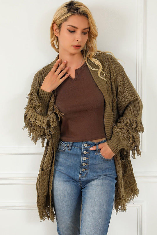 Coffee Fringe Cable Knit Cardigan - Klazzi Fashion Boutique