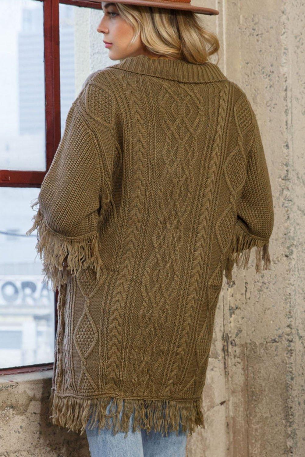 Coffee Fringe Cable Knit Cardigan - Klazzi Fashion Boutique