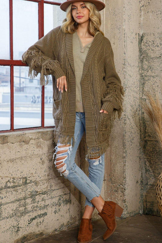 Coffee Fringe Cable Knit Cardigan - Klazzi Fashion Boutique