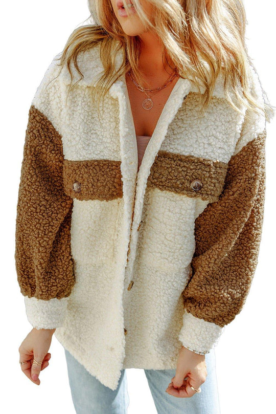 Cream Color Block Sherpa Shacket - Klazzi Fashion Boutique