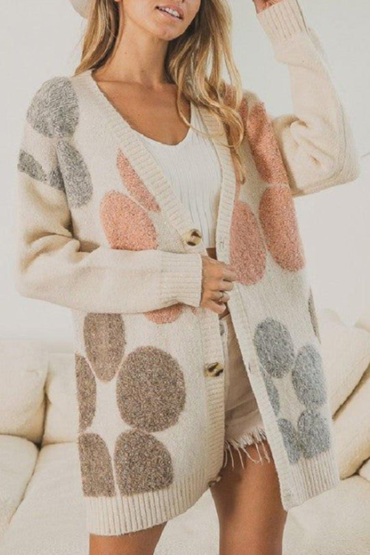 Cream Flowers Long Button-Down Cardigan