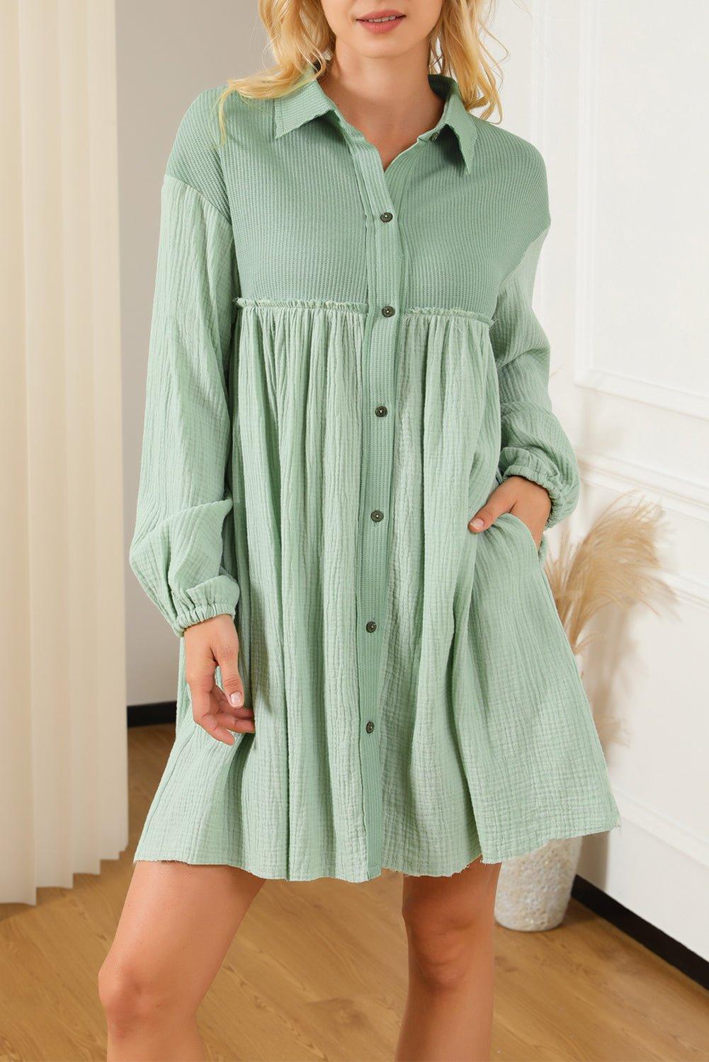 Crinkle Mint Green Puff Sleeve Shirt Dress