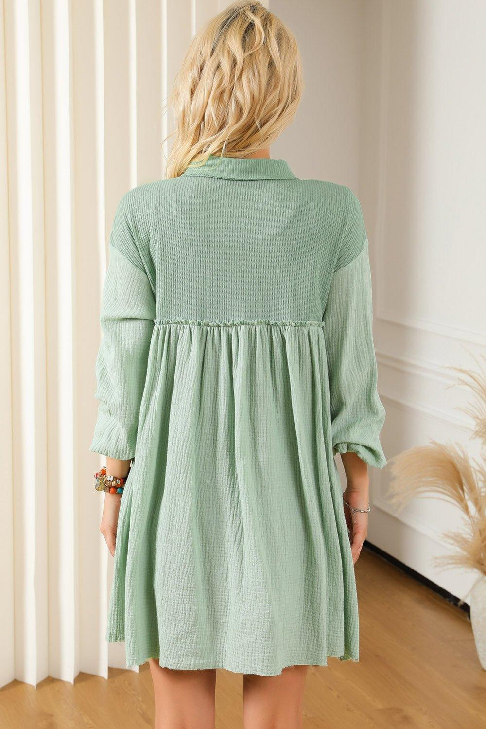 Crinkle Mint Green Puff Sleeve Shirt Dress - Klazzi Fashion Boutique