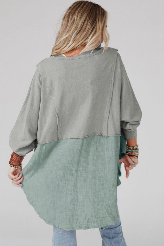 Crinkle Splicing Fringe Oversized Blouse - Klazzi Fashion Boutique