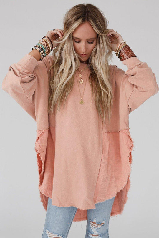 Crinkle Splicing Fringe Oversized Blouse - Klazzi Fashion Boutique