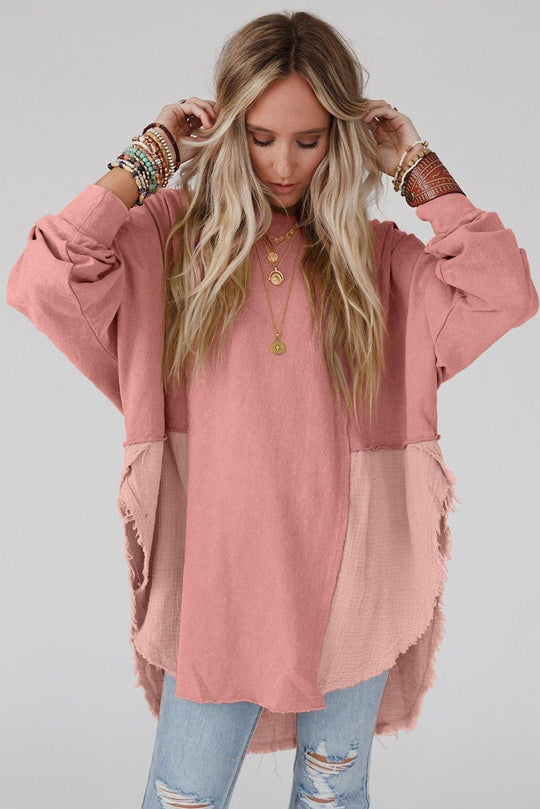 Crinkle Splicing Fringe Oversized Blouse - Klazzi Fashion Boutique