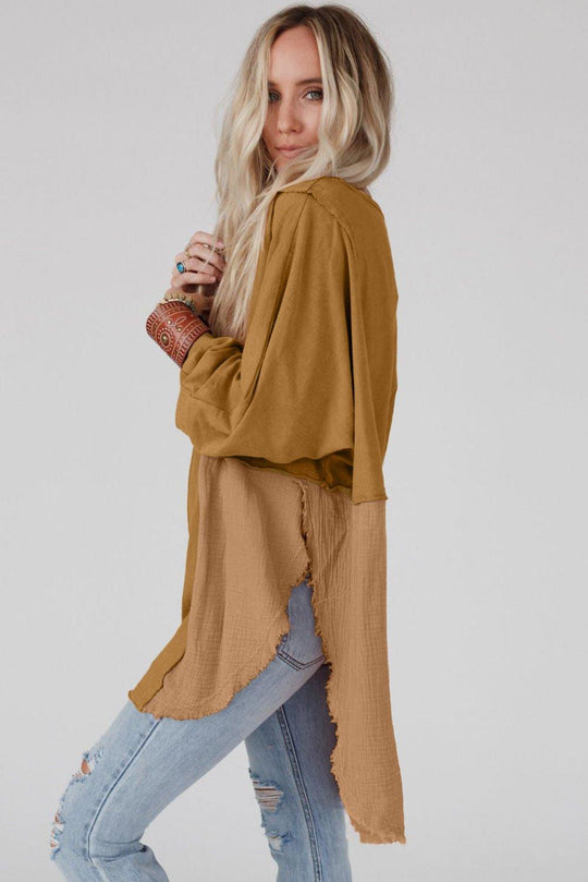 Crinkle Splicing Fringe Oversized Blouse - Klazzi Fashion Boutique