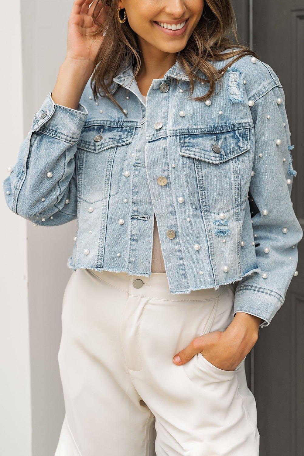 Cropped Beaded Pearls Denim Jacket