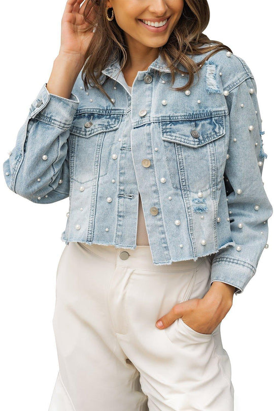 Cropped Beaded Pearls Denim Jacket - Klazzi Fashion Boutique