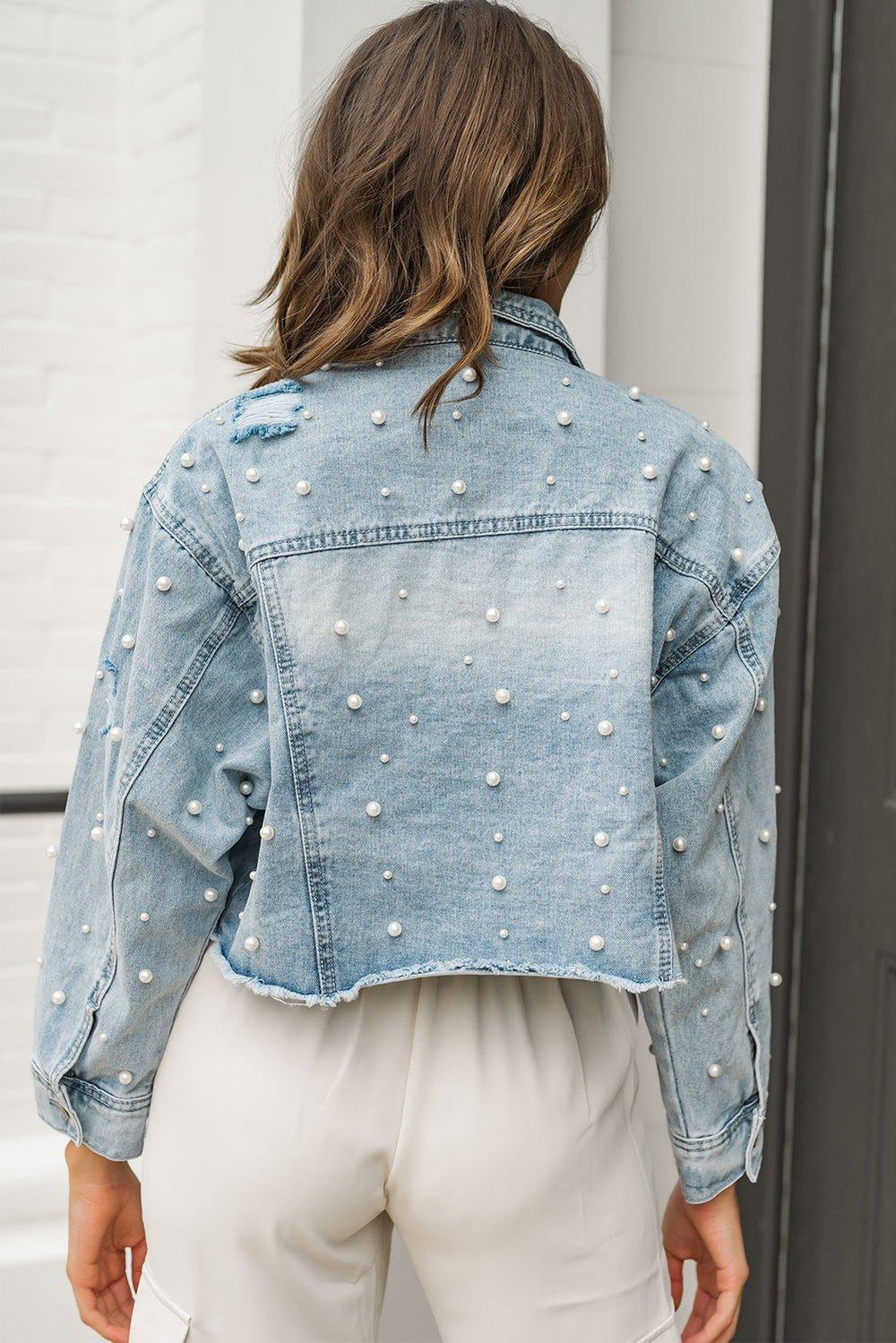 Cropped Beaded Pearls Denim Jacket - Klazzi Fashion Boutique