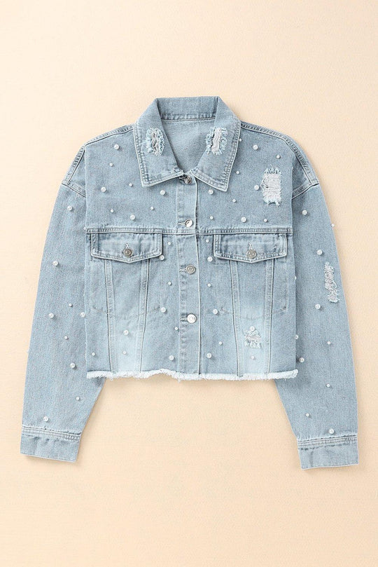 Cropped Beaded Pearls Denim Jacket - Klazzi Fashion Boutique